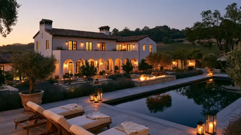 Boutique hotel terrace in California at dusk
