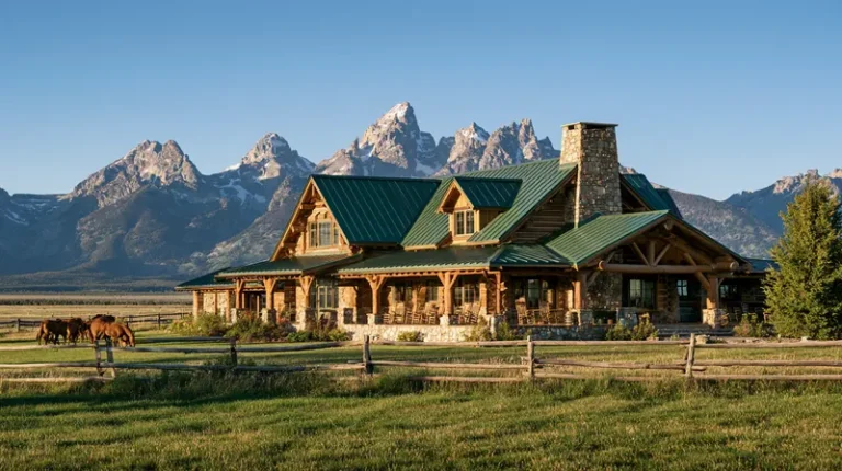 Guest ranch lodge beneath Wyoming mountains