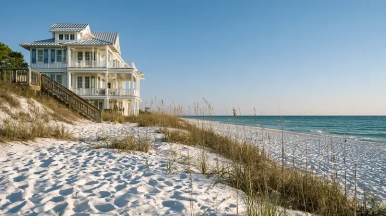 Beach vacation rental home at dusk